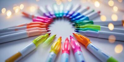 Colorful circle of markers arranged in a vibrant display on a surface with soft lights in the background photo