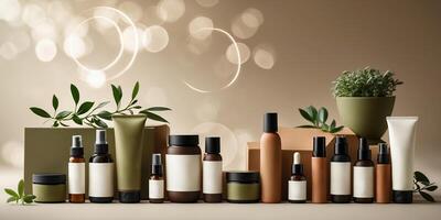 Natural skincare products arranged aesthetically with greenery and neutral backgrounds for a serene display photo