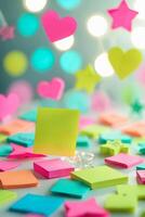 Colorful sticky notes and shapes create a vibrant display in a creative workspace filled with inspiration photo
