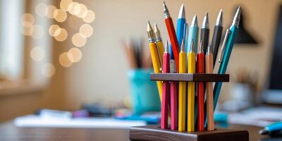 Colorful collection of writing utensils arranged in a wooden holder on a workspace desk during daytime photo
