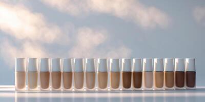 Collection of foundation bottles arranged in a gradient display against a soft sky background in a well-lit studio photo