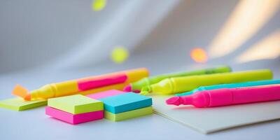 Brightly colored highlighters and sticky notes on a clean white surface in a well-lit workspace photo