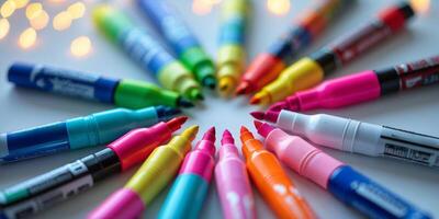 Colorful assortment of markers arranged in a circular pattern around a bright surface photo