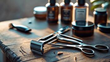 Tools of a skilled barber arranged on a wooden countertop with grooming products in the background during golden hour lighting photo