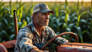 Farmer driving tractor through ripe cornfield during golden hour in rural landscape photo