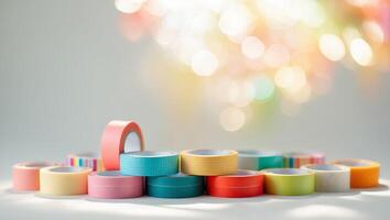Collection of decorative tape rolls arranged artistically with blurred background lights in soft focus photo