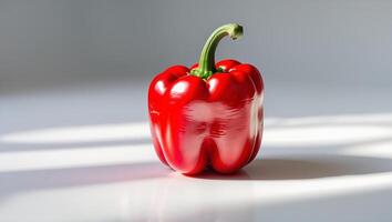 Fresh red bell pepper illuminated by soft light sits on a clean surface highlighting its vibrant color and smooth texture photo