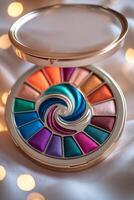 Vibrant makeup palette showcasing an array of colorful shades arranged in a spiral pattern on a soft surface photo