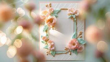 Beautiful floral frame with pink roses and green leaves on textured background creating an elegant display in soft light photo