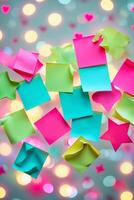 Colorful sticky notes create a vibrant background with blurred lights during a creative workspace session photo
