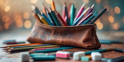 Collection of assorted colored pencils and stationery items displayed on a wooden table with a blurred background photo