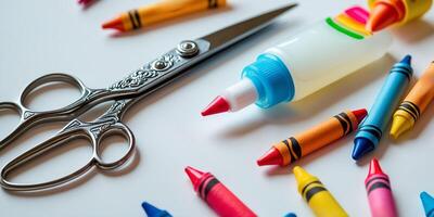 Crafting tools on a table featuring colorful crayons and scissors in a creative workspace photo