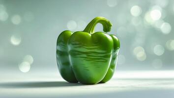 Fresh green bell pepper placed on a smooth surface in a softly lit environment photo