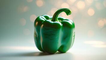 Fresh green bell pepper captured with soft bokeh background in natural light photo