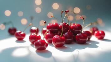 Fresh cherries glimmer under soft bokeh light in a serene setting during summer photo