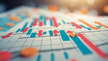 Analysis of financial trends displayed through graphs and charts in a busy office environment photo