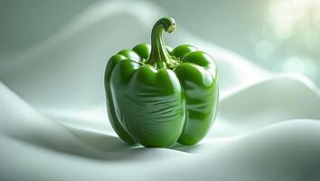 Fresh green bell pepper resting on a soft white fabric with a soft glow in the background photo