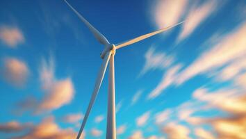 Wind turbine rotates under a dramatic sky filled with colorful clouds at sunset in a renewable energy field photo