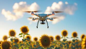 Drone flying over a sunflower field capturing aerial views on a sunny day photo