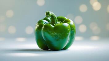 Green bell pepper resting on a surface with a soft background blur and light bokeh effect in a studio setting photo