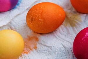 Traditional hand dyeing easter eggs with child safe non toxic color tablets. Colorful dyed easter eggs drying on a paper towel. Holiday decoration and preparations, creative craft family activity 10 photo