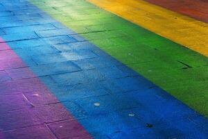 Vibrant rainbow colored path. Regenboogvlag on Grote Marktstraat in the Hague, Netherlands. Diversity, equality, inclusion, street art, and lgbtq pride concept. Copy space. Selective focus 1 photo