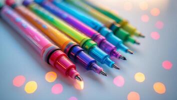 Colorful markers arranged in a line creating a playful atmosphere with soft bokeh background photo