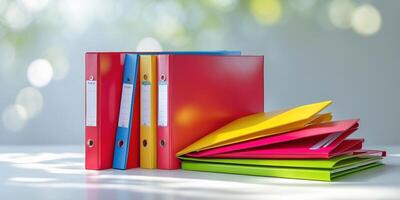 Colorful binders arranged on a surface reflecting sunlight in a bright workspace setting photo