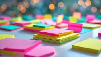 Colorful sticky notes scattered on a workspace during a brainstorming session in a creative office environment photo