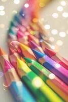 Colorful pencils arranged in a rainbow pattern with shimmering bokeh effect background for artistic inspiration photo