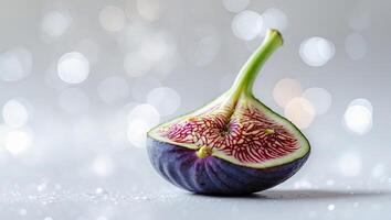 Freshly sliced fig showcasing vibrant colors against a blurred, sparkling background photo