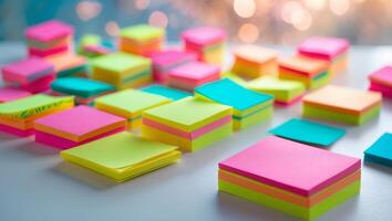 Colorful collection of sticky notes arranged on a workspace during a brainstorming session in the afternoon photo