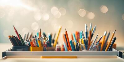 Stationery organizer filled with colorful writing instruments and tools in a bright workspace photo