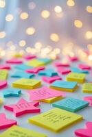 Colorful sticky notes scattered on a surface with soft glowing lights in the background during evening hours photo
