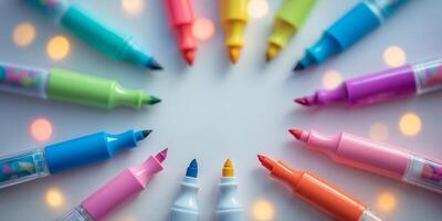 Vibrant colored markers arranged in circular pattern with blurred bokeh lights photo