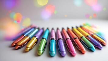 Colorful pens arranged in a vibrant line on a white surface surrounded by a blurred bokeh effect creating a cheerful atmosphere photo