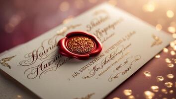 Elegant invitation card adorned with wax seal resting on a sparkling surface in soft lighting photo