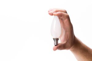 Hand holding an light bulb on white background photo
