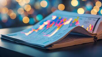 Colorful data visualizations displayed on charts with blurred lights in the background during an evening analysis session photo