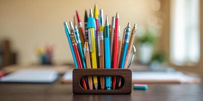 Colorful assortment of pens and pencils in a desk holder on a work table in a well-lit office space during the day photo