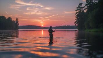 Fisherman casting a line at sunset on a tranquil lake surrounded by trees photo