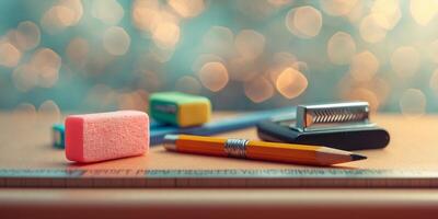 Stationery items on a desk with soft bokeh background during the afternoon light photo