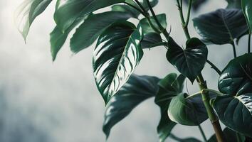 Lush green leaves of a tropical plant thriving in soft natural light during the morning hours photo