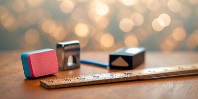 Colorful writing tools arranged on a wooden surface with a soft blurred background at a classroom setting photo