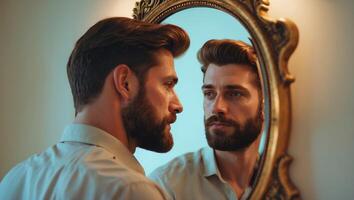 Man gazes thoughtfully at his reflection in an ornate mirror against a soft blue backdrop during evening hours photo