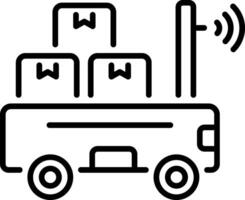 Warehouse robot carrying package boxes, line style icon vector