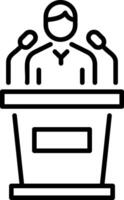 Man standing at speech podium, linear icon vector