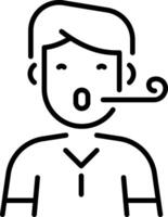 Boy blowing a party noisemaker, linear icon vector
