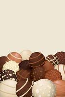 Various chocolate balls on cream vertical background graphic illustration have blank space. vector