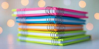 Colorful stacked notebooks with spiral binding on a blurred background during daylight photo